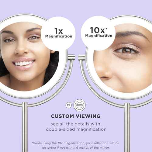 Conair Lighted Makeup Mirror, Double-Sided LED Vanity Mirror with 1X/10X Magnification, 3 Light Settings, 3 Modes, 360¡Æ Rotation, Satin Nickel Finish