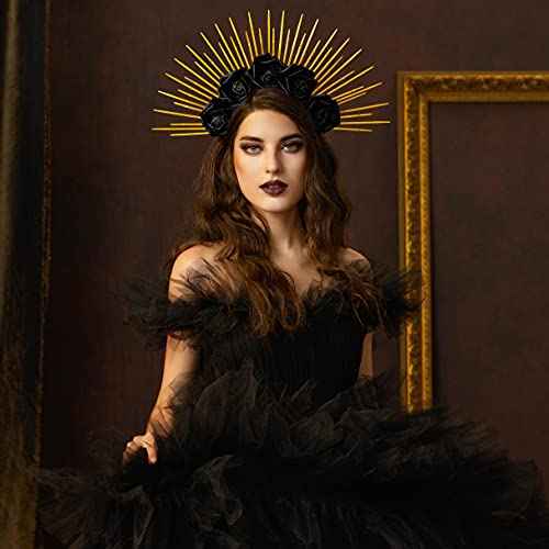 Fantherin Halo Crown with Roses Womens Mexican Flower Goddess Rose Spiked Sun Headpiece for Cosplay Halloween Costume