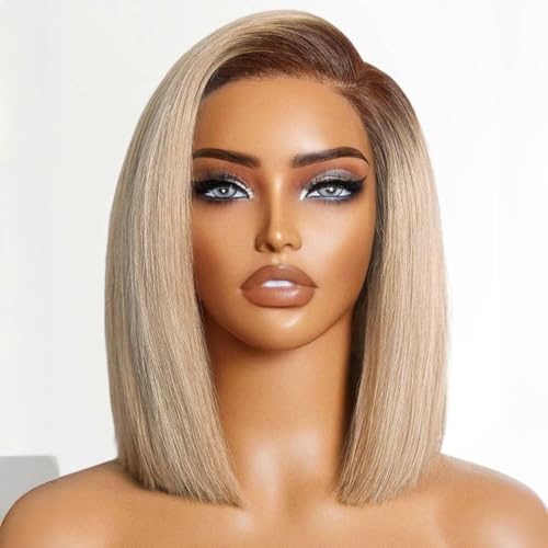 180% Density Ombre Ash Blonde Bob Wig Human Hair 13x4 HD Invisible Front Wigs for Women Grey Ash Blonde Glueless Straight Bob Wig with Dark Roots Bleached Knots 14 Inch