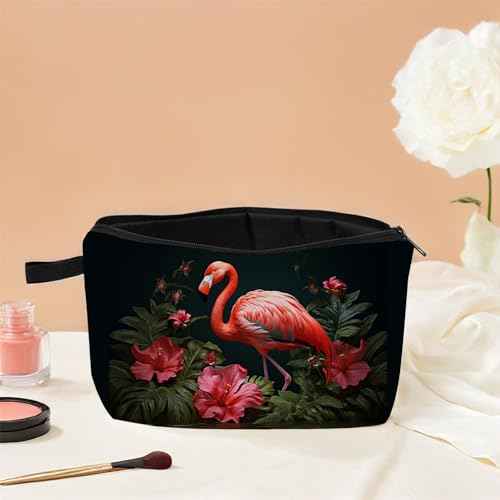 Flamingo & Red Flowers Cosmetic Bag Tropical Printed Design Makeup Organizer Vibrant Beach Vacation & Daily Travel Essential Unique Gift Idea for Summer Parties/Birthdays