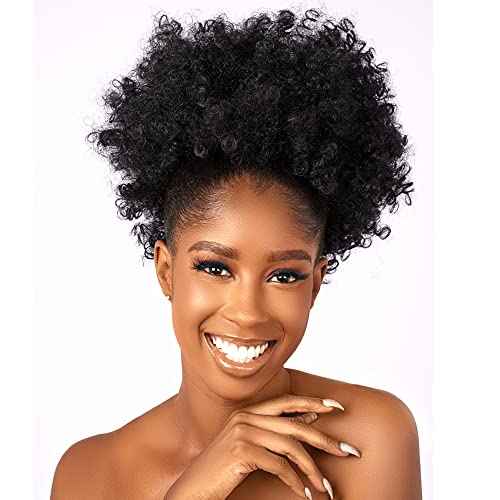 Afro Puff kinky curly Drawstring Ponytail Extension for Women Synthetic Short Afro Kinkys Curly Afro Bun Extension Hairpieces Updo Hair Extensions with Two Clips(1B)