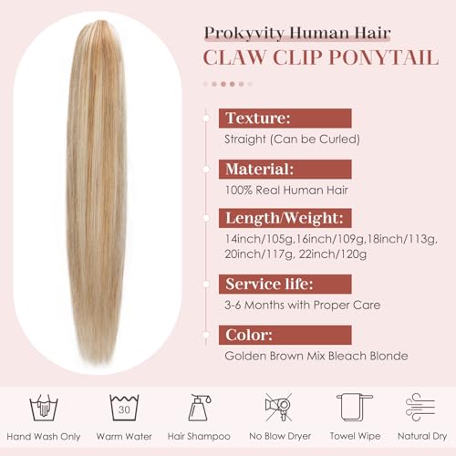 Human Hair Claw Clip Ponytail,Prokyvity Claw Clip Ponytail Extension 100% Human Hair for Women,Style in Seconds Quick Styling Solutions for Busy Lives,14"/105g Golden Brown Mix Bleach Blonde