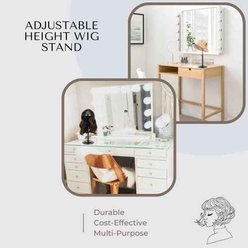 Wig Stand - Plastic Wig Stand 2 Packs Portable Foldable Wig Hat with Velvet Cover Holder Height Adjustable (12-18.8 Inches) Easy to Install Support Wig Display Stand (Black)