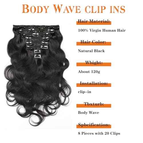 Body Wave Clip Ins Human Hair 8Pcs/Set 120 Gram Body Wave Clip in Hair Extensions 10A Brazilian Virgin Human Hair for Black Women Natural Black Color 24 Inch