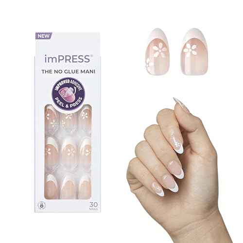KISS imPRESS No Glue Mani Press On Nails, French, 'Fearless', Light Neutral + White Tip French, Medium, Almond Shape, Includes 30 Nails, Prep Pad, Instructions Sheet, 1 Manicure Stick, 1 Mini File