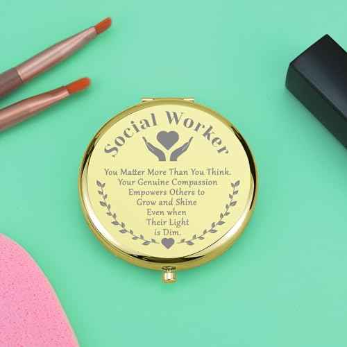 Social Worker Gifts Compact Makeup Mirror Social Worker Appreciation Gifts Retirement Social Work Volunteer Gift Thank You Gifts Folding Makeup Mirror Christmas Birthday Gifts (Gold)