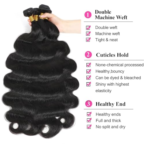 12A Human Hair Bundles Body Wave Bundles Human Hair 3 Bundles 20 22 24 Inch 100% Unprocessed Brazilian Virgin Hair 100g/Bundle Real Human Hair Extensions Natural Black