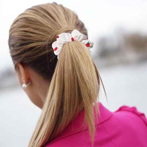 Chiffon Scrunchies for Hair - 2Pcs Pink White Strawberries Print Satin Hair Scrunchies for Thick Curly Hair Ties Large Hair Elastic Bands Ponytail Holder Summer Hair Accessories for Women Girls Gifts
