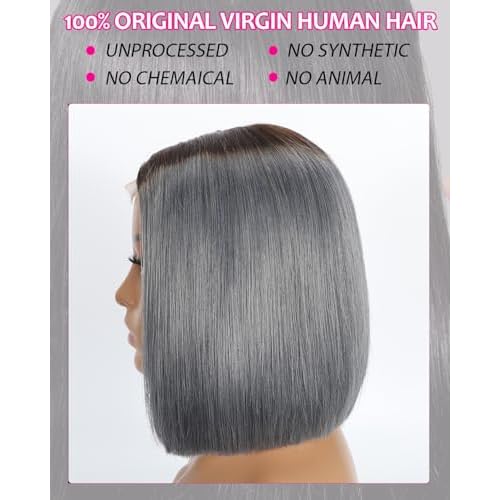 Selina Hair 2x6 Bob Wigs Human Hair P4/Grey Color Brazilian Virgin Hair HD Lace Front Wigs Human Hair Glueless Bob Wig with Baby Hair Straight Bob for Women 10 lnch