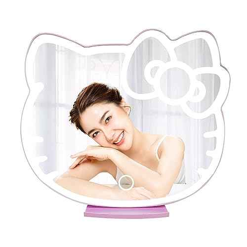 Impressions Vanity Supercute Hello Kitty Tabletop Desk Mirror with Lights and Touch Sensor Switch, Adjustable Tri Tone LED Lighted Makeup Mirror with Hidden Extendable Tray and Phone Holder