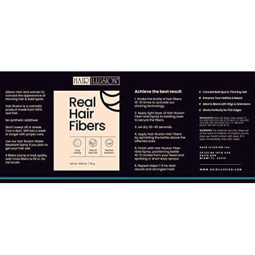 Hair Illusion Black Real Hair Fibers for Thinning Hair - 100% Natural Texture, Non Synthetic Hair Fibers - Bald Spot Cover Up for Women & Men - 18 Gram
