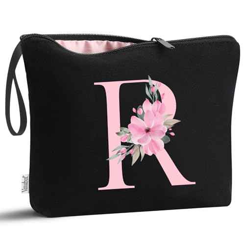 Vavabox A-Z Personalized Makeup Bag, Birthday Gifts for Women Mom, Gifts for Best Friend, Bride Bridesmaid Cosmetic bag (R, Black)