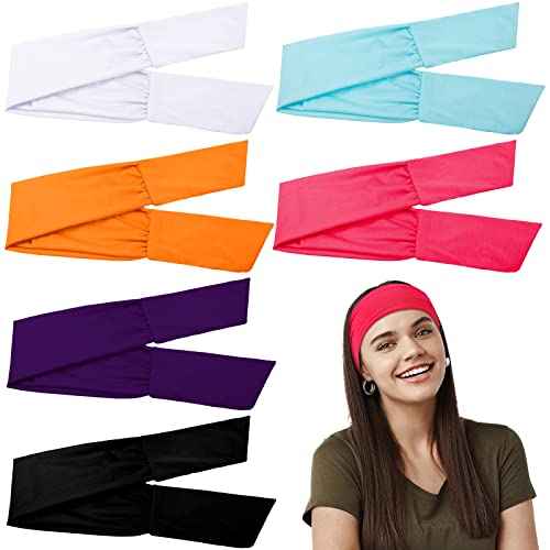 WILLBOND 6 Pieces Wide Headbands for Women, Adjustable Bandana Headband Tie, Knotted African Hairband, Yoga Elastic Non Slip Floral Hairbands for Running Hiking Cycling Workout(Solid Patterns)
