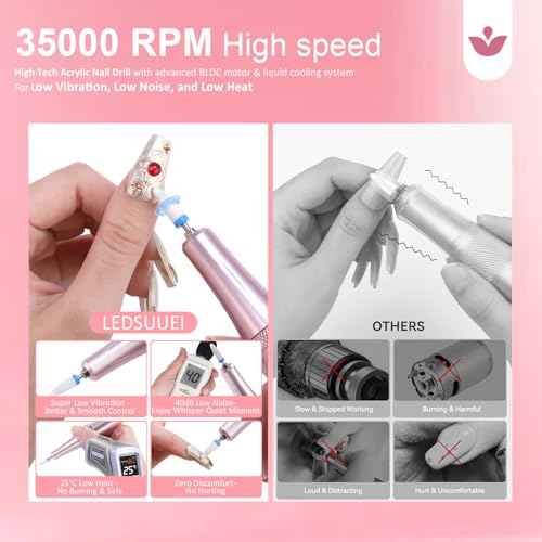 Professional Electric Nail Drill LEDSUUEI: 35000RPM Powerful Electric Nail File Portable Nail Drill with 13 Drill Bits Rechargeable Efile for Acrylic Gel Nails Removing Manicure Pedicure Salon