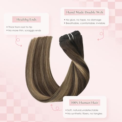 18 Inch Invisible Clip in Real Human Hair Extensions,Balayage Chocolate Brown to Caramel Blonde,85 Gram 7 Pieces With 16 Clips,Remy Thick Straight Hair, No Slip, No Shedding