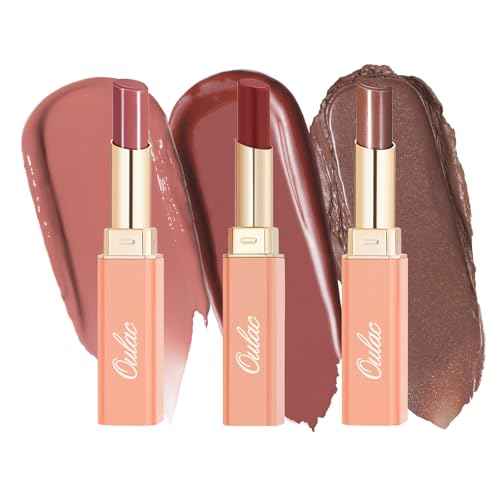 Oulac Moisturizing Shine Lipstick For Women Christmas Set 3PCS, 2 in 1 Tinted Lip Balm for Winter, Hydrated Juicy and Glossy Lip Color for Dry, Cracked and Chapped Lips, Vegan 02+03+17