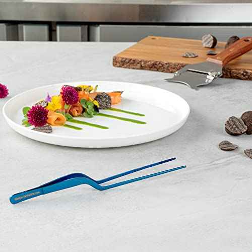 Restaurantware Perfect Point 7.9 Inch Food Tweezers 1 Offset Kitchen Tweezers - Serrated Tips For Precision For Garnishing Plating Or Decorating Blue Stainless Steel Offset Tweezers Durable