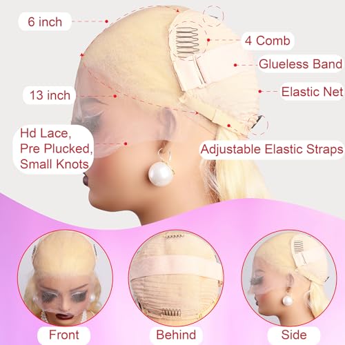 613 13x6 Lace Front Wigs Body Wave Human Hair Blonde 613 Body Wave 13X6 HD Lace Front Wigs Pre Plucked Lace Frontal Wig Loose Wave Glueless Wig Human Hair Business Daily Wear Wig for Women 20 Inch