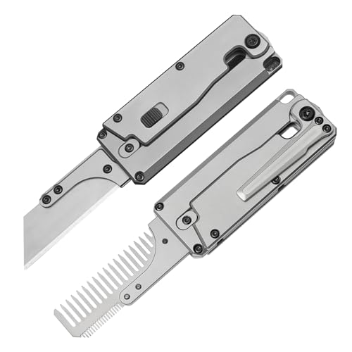 TC347 2-in-1 Titanium Handle Carrot Utility Knife, Hair Beared Comb, Retractable Box Cardboard Cutter EDC Pocket Knives, 10pcs SK5 Replaceable Blade with Pocket Clip, Glass Breaker