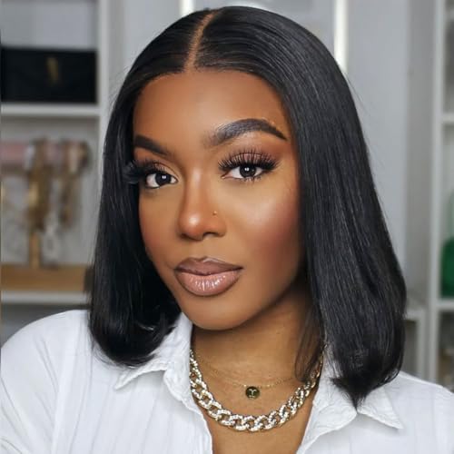 RECOOL Bob Wig Human Hair 5x6 Lace Front Straight Short Wigs for Women Glueless Brazilian Virgin Human Hair Bleached Knots Wear And Go Pre Plucked with Baby Hair for Black Women Natural Black 10inch