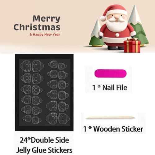 Christmas Press on Nails Short Square Fake Nails with Elk Design Santa Hat Glue on Nails Red French tips Stick on Nails Glossy Reusable Silver Gifts False Nails for Women Girls Holiday Manicure 24pcs