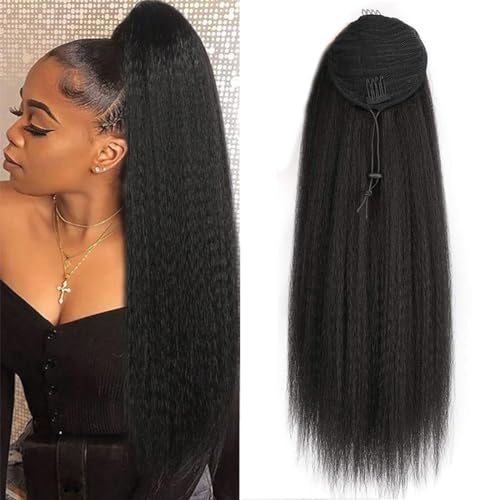 SAKALAKA Ponytail Extension Human Hair Kinky Straight Ponytail with Drawstring Brazilian Virgin Human Hair Ponytail for Women Natural Color, 24 Inch