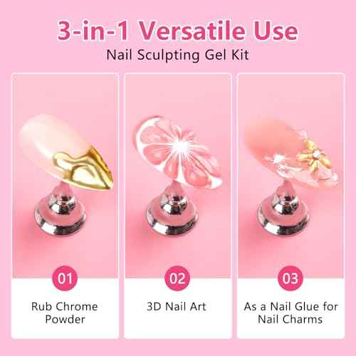 BQAN 3 in 1 3D Nail Art Gel, 2x10g Sculpting 3D Gel No-Wipe with Chrome Powder for Rhinestones / DIY Nail Art, Salon & Home Use (Clear)