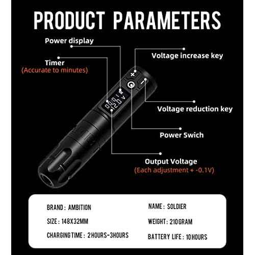 Ambition Soldier Rotary Battery Pen Tattoo Cartridge Machine with 2400mAh Power Japan Coreless Motor Digital LED Display Tattoo Equipment Supply for Professionals and Beginners Tattoo Artists