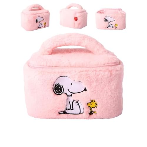 Peanuts Snoopy Pink Make Up Bag Official License, Plush Woodstock and Snoopy Cosmetic Bag with Zip Closure, Cute Makeup Bag