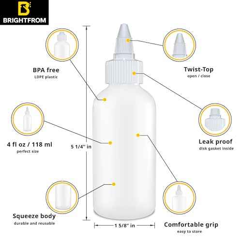 BRIGHTFROM Twist Top Applicator Bottles, Squeeze 4 OZ Empty Plastic Bottles, Refillable, Open/Close Nozzle - Multi Purpose (Pack of 2)