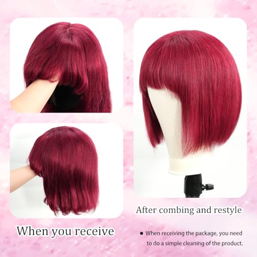 Bob Wig with Bangs Human Hair 200 Density Short Glueless Wigs Ready to Go Straight Bob Bangs Wig for Women Burgundy 12 Inches