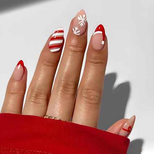 SINSEN Christmas Press on Nails Medium - Almond Fake Nails, Red French Tip False Nails With Designs, Full Cover Snowflake Glue on Nails for Women, 24Pcs (Santa Hat and Bowknot)