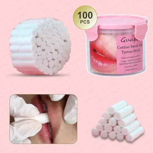 Guapa 100pcs Cotton Lip Tattoo Stretching Stick Tattoo Stretching Stickotton Lip Tattoo Stick Makeup Lip Brushing Stick (Pink Box)