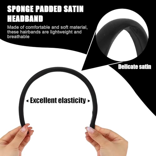 Headbands for Women, Black Womens Thick Silk Satin Super Soft & Comfortable Sponge Padded Headbands Hair Bands Hoops Accessories for Women Girls