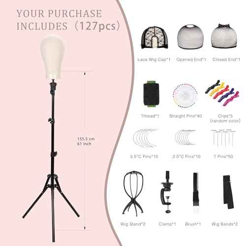 22'' Canvas Wig Head with 61'' Adjustable Tripod Stand, Mannequin Head Set for Styling, Display ? Includes Caps, Elastic Bands, Stand & Tool Kit for Beginners and Professionals