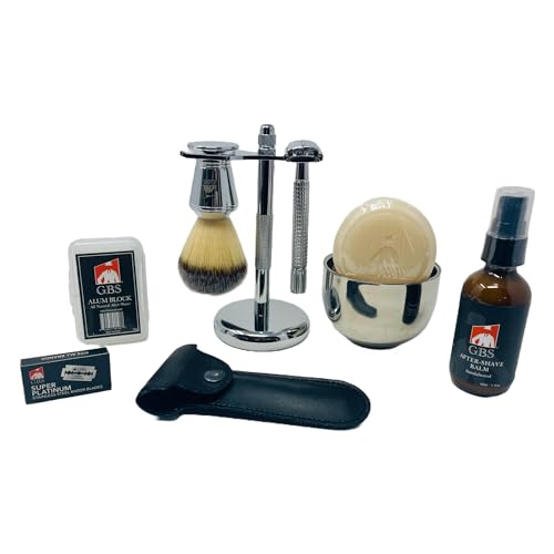 G.B.S Shaving Gift Set, Long Handle Double Edge Safety Razor, Alum Aftershave Block, Chrome Bowl with Natural Shave Soap, Shaving Brush Grooming Kit for Men
