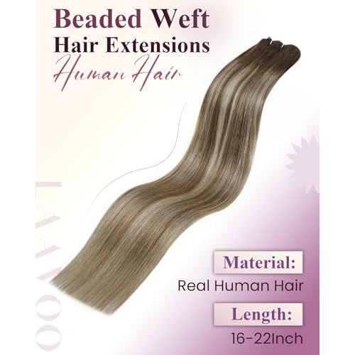 LaaVoo Beaded Weft Hair Extensions Human Hair Ombre Beaded Human Hair Extensions Ash Brown to Blonde Mix with Platinum Blonde 20incsh 50g