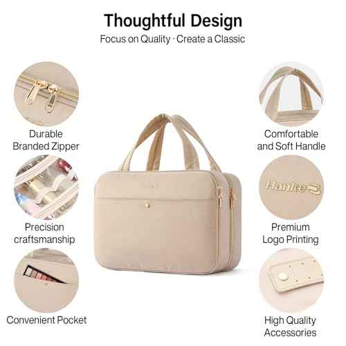 Hanke Hanging Travel Toiletry Bag for Women with Jewelry Organizer Compartment, Travel Essentials Toiletries and Makeup Bag, Water-Resistant & Stain-Resistant with Trolley Strap (Apricot)