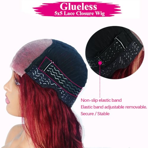 Wear and Go Glueless Wigs Pre Cut Pre Plucked for Beginners Wigs Burgundy 5x5 Lace Closure Wigs Human Hair 99J Burgundy 180% Density Glueless Pre Cut 3 Seconds to Wear 20 Inch