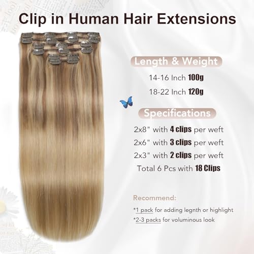 XDhair Clip in Hair Extensions 100g 16 Inch Balayage Hair Extensions Clip in Human Hair Golden Brown to Light Blonde Straight Real Human Hair Extensions Clip ins for Women 6pcs #10/27/27 16 Inch