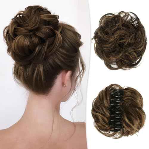 Claw Clip Messy Bun Hair Piece 100% Real Human Hair Buns Curly Chignon Hair Bun Extensions Wavy Tousled Updo Hair Buns Claw Clip Ponytail Hairpieces for Women(Dark Brown with Light Golden Brown)