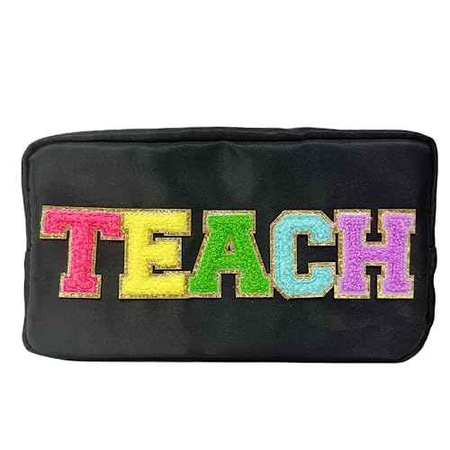 Teacher Appreciation Gifts Letter Patch Nylon Makeup Bag Pencil Bag Chenille Varsity Letter Patches Makeup Zipper Pouch Retirement Birthday Teacher Gifts for Women(Teach-black)
