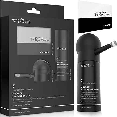 The Rich Barber N'Hance Pro Barber Kit I - Professional 3-in-1 Hair & Beard Styling Set - Keratin-Infused Hair Building Fibers, Applicator Pump, Application Card - Hairline Enhancer & Volumizing Spray
