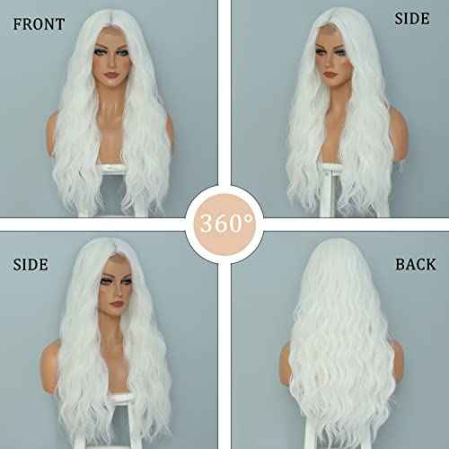 White Wig - Long White Wavy Wigs for Women Middle Part Cosplay Wigs 26 inch Natural Curly Synthetic Wig Heat Resistant Fiber Wigs for Daily Party Use