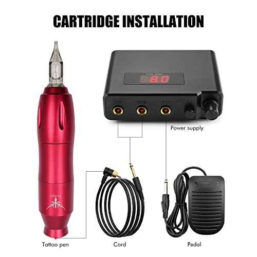 TATELF Rotary Pen Kit Professional Complete Machine Starter Set with 40pcs Cartridge Needles Power Supply Foot Pedal 21 Colors Ink For Beginners & Artists(Red)