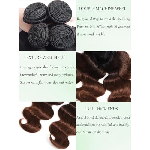 KLAIYI Ombre Brown Body Wave Bundles Human Hair Extensions with Dark Roots 100% Unprocessed Brazilian Real Virgin Hair Weaves Chestnut Brown Double Wefts 12A Wavy One Bundle 20Inch Sew in Piano Color