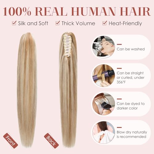 Human Hair Claw Clip Ponytail,Prokyvity Claw Clip Ponytail Extension 100% Human Hair for Women,Style in Seconds Quick Styling Solutions for Busy Lives,14"/105g Golden Brown Mix Bleach Blonde