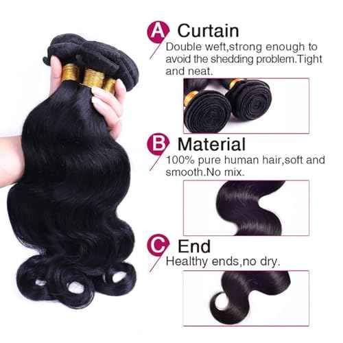 Body Wave Bundles Human Hair Long Brazilian Virgin Body Wave Natural Black Color Can Be Dyed and Styled 3 Weave Bundles Total 300g 20 22 24 Inch