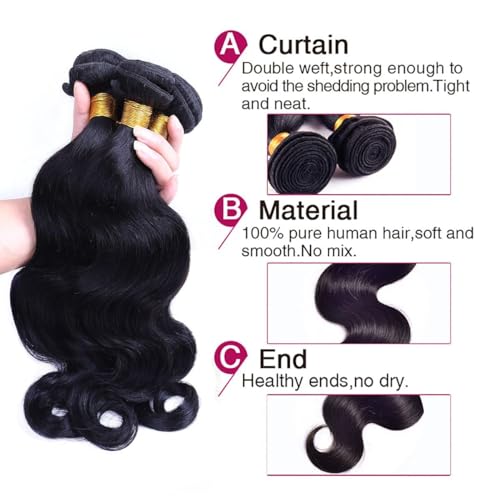 Body Wave Human Hair Long Brazilian Virgin Hair Bundles - Natural Black Color, Can Be Dyed and Styled - 3 Weave Bundles - Total 300g - 22, 24, 26 Inch