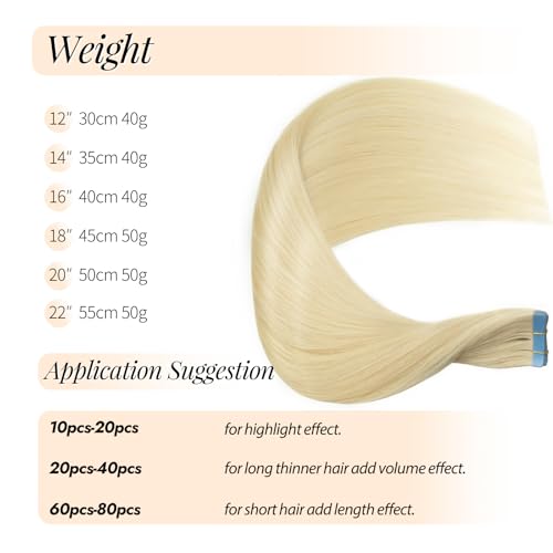 Tape in Hair Extensions Human Hair,20pcs 18 Inch #60 Platinum Blonde Hair Extensions Real Human Hair Invisible Tape in Hair Extensions Straight Remy for Women (60, 18 Inch)